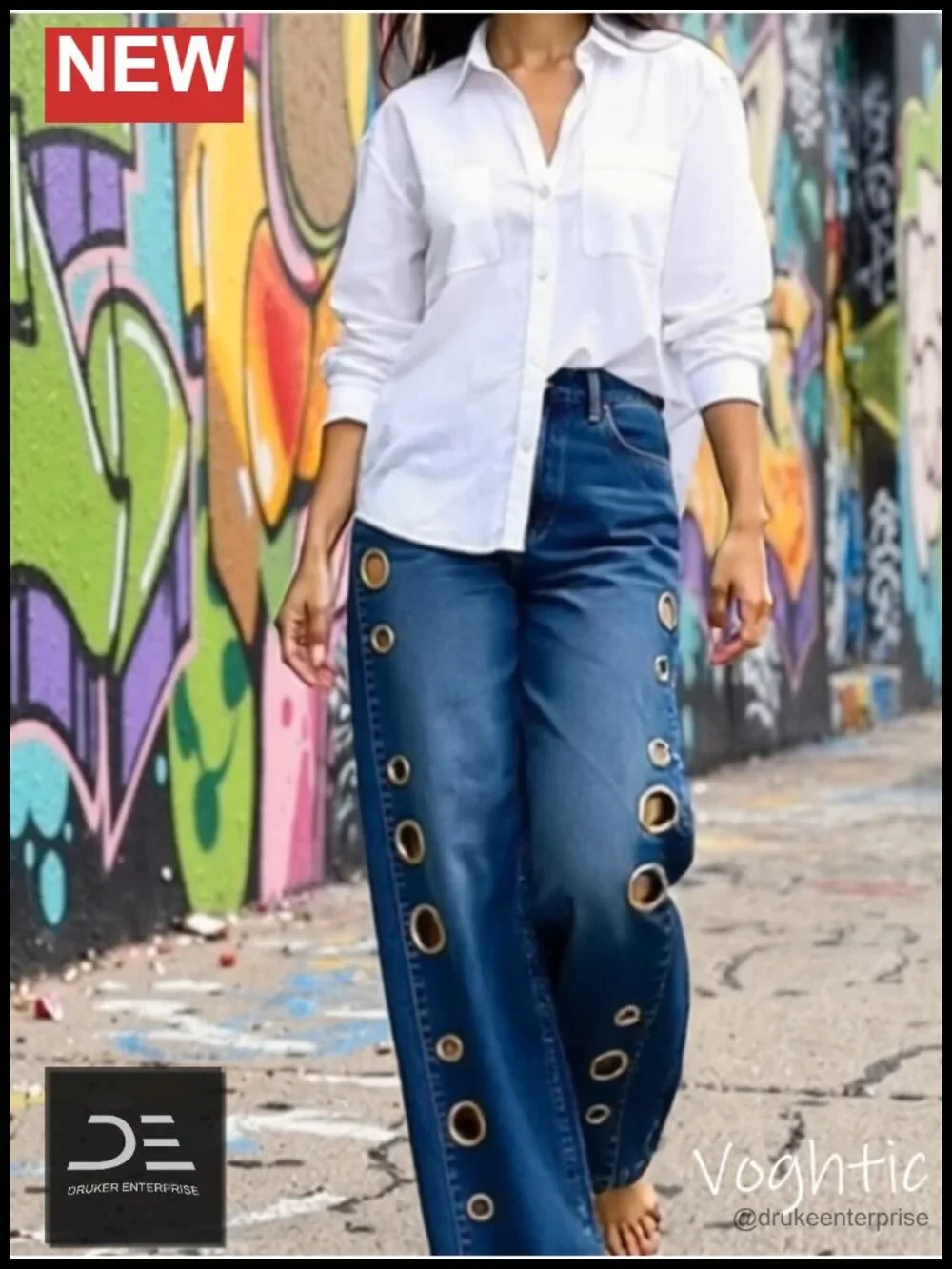 High Waisted Wide Leg Jeans with Grommet Eyelets Baggy Y2K Denim Pants